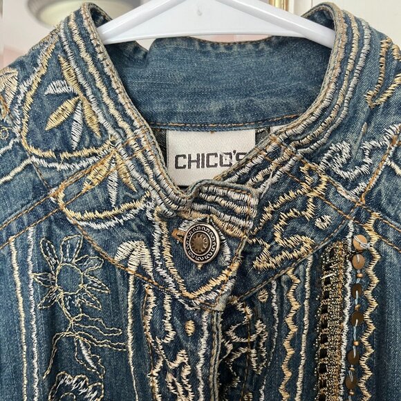 CHICO'S Denim Gold All Over Embroidered Sequinned Button Down Show Shirt Size M - Picture 4 of 10